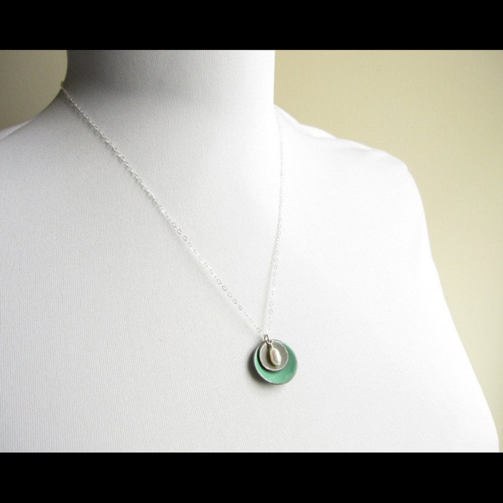 NEW Handmade Enamel Copper Disks & Freshwater Pearl Sterling Necklace - Picture 9 of 9